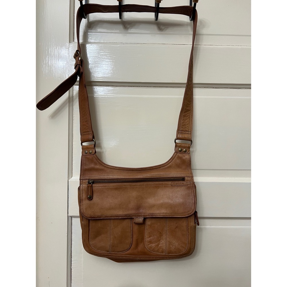 Fossil Brown Leather Crossbody Bag Multi Pocket Organizer Adjustable Strap